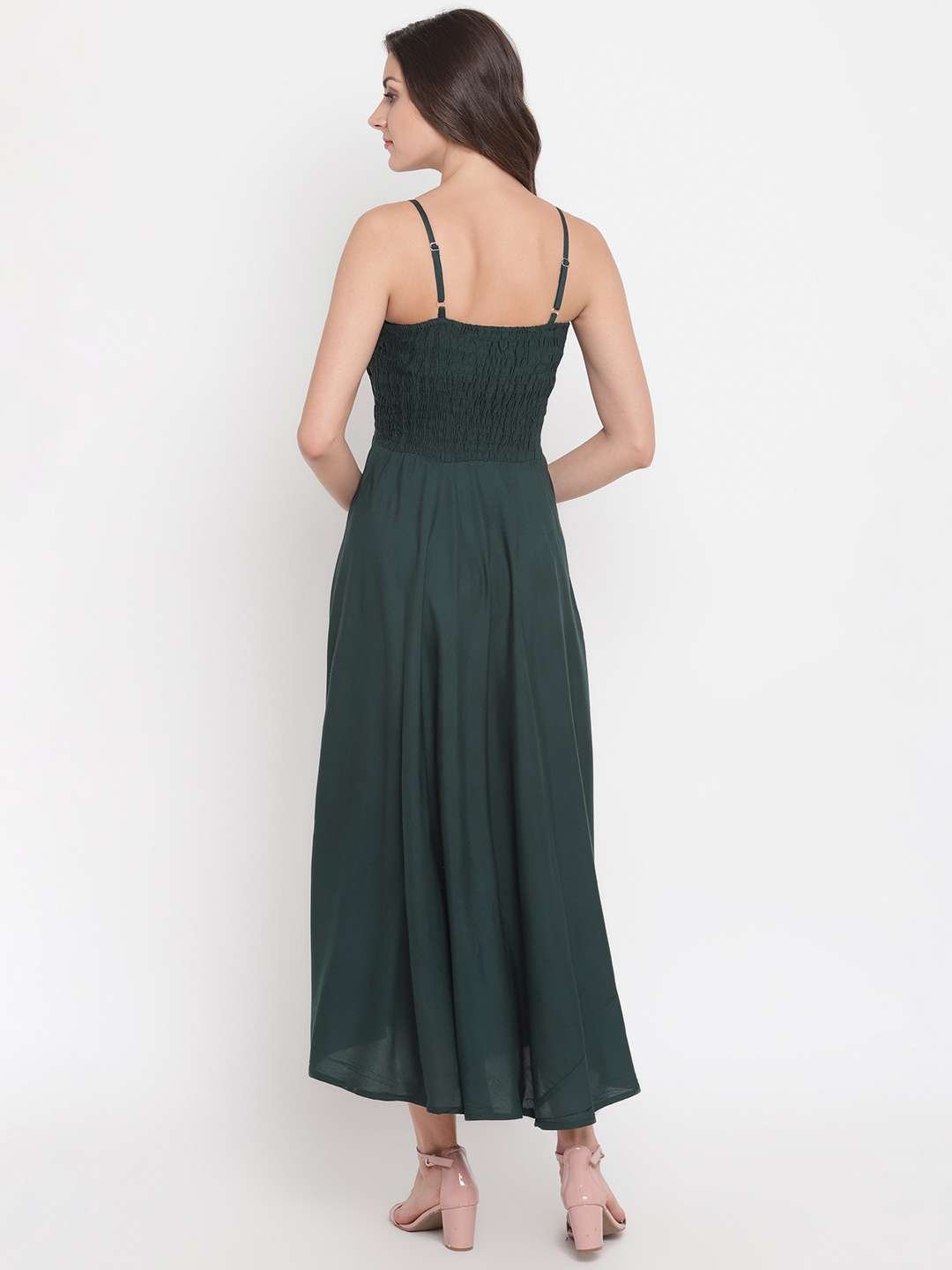 Women's Viscose Rayon Solid Shoulder Straps Sleeveless Flared Gown Drees (Green1) - Image 4