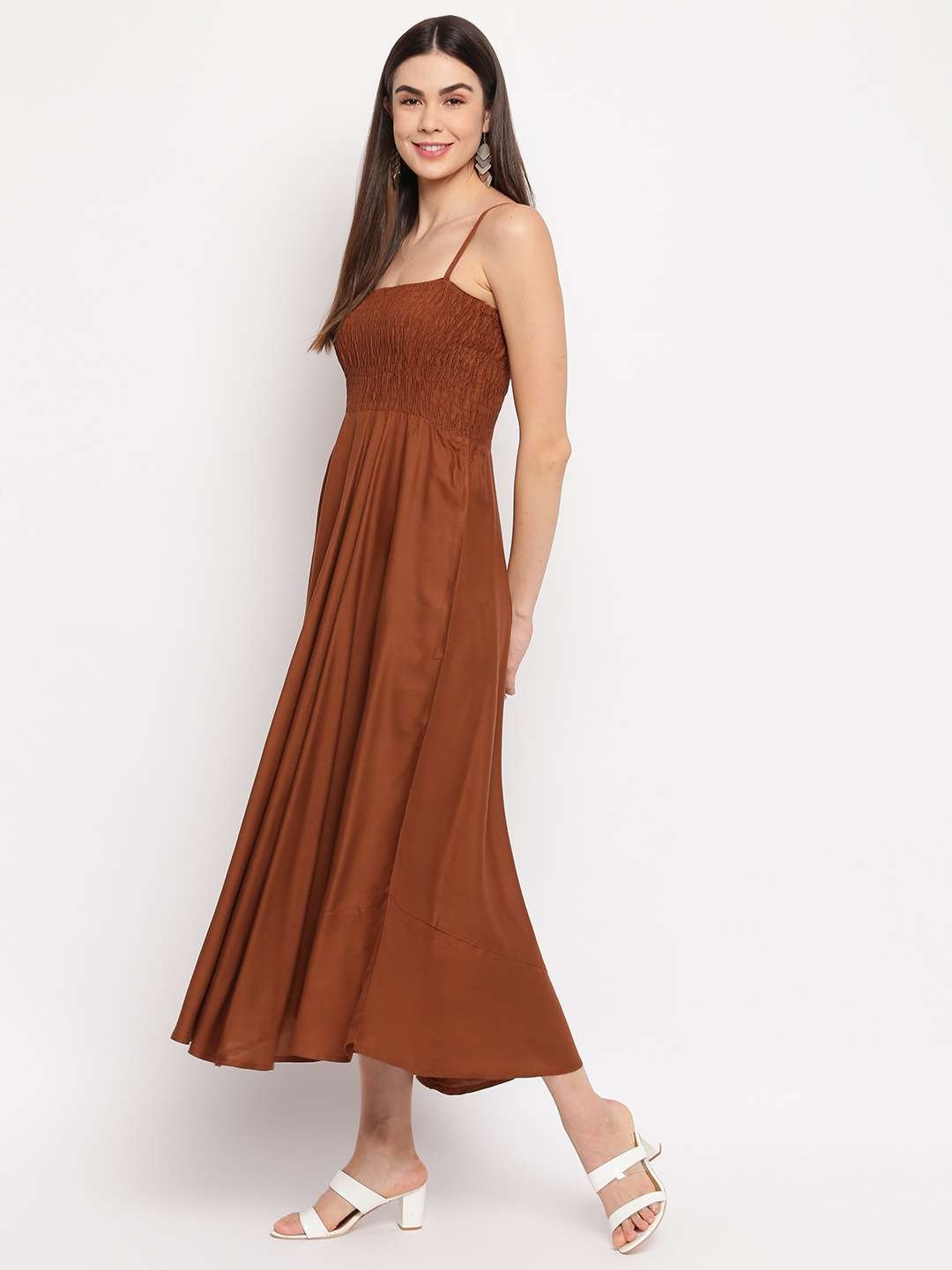 Women's Viscose Rayon Solid Shoulder Straps Sleeveless Flared Gown Drees (Brown)